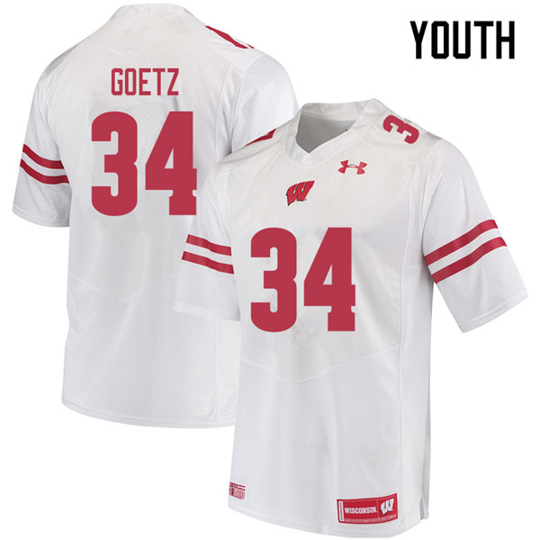 Youth #34 C.J. Goetz Wisconsin Badgers College Football Jerseys Sale-White - Click Image to Close